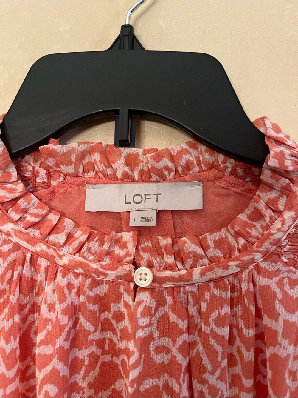 LOFT Coral Pink Printed Ruffle-Neck Long-Sleeve Blouse